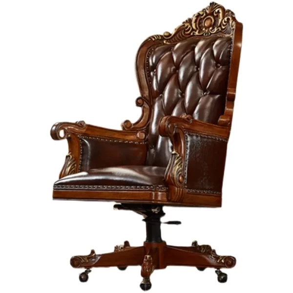 American solid wood computer chair European leather home office lift swivel chair - Image 6