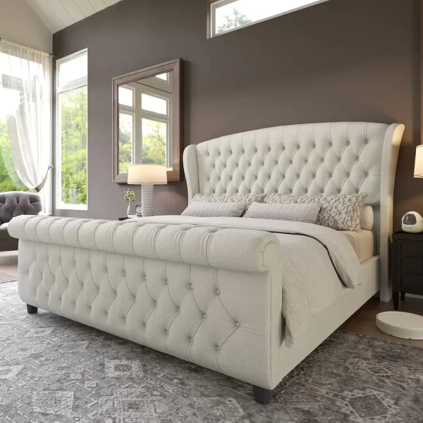 King Size Platform Bed Frame, Chenille Upholstered Sleigh Bed with Scroll Wingback Headboard & Footboard, Bed Frames - Image 9