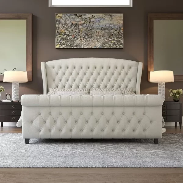 King Size Platform Bed Frame, Chenille Upholstered Sleigh Bed with Scroll Wingback Headboard & Footboard, Bed Frames - Image 6