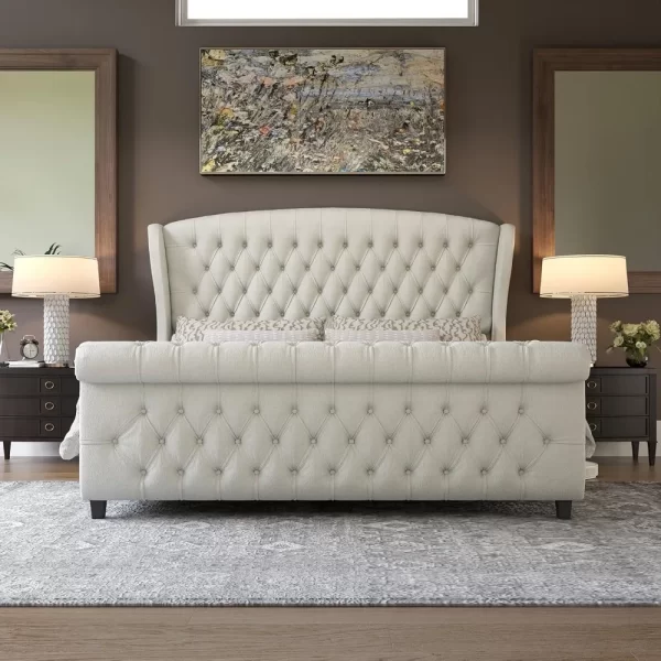 King Size Platform Bed Frame, Chenille Upholstered Sleigh Bed with Scroll Wingback Headboard & Footboard, Bed Frames - Image 15