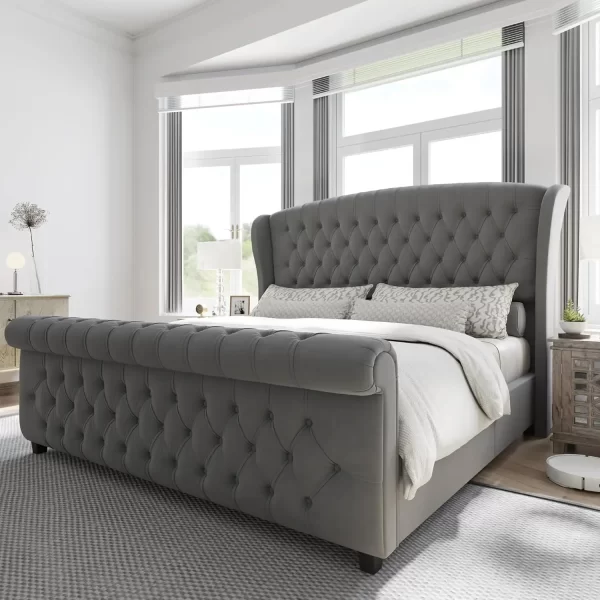 King Size Platform Bed Frame, Chenille Upholstered Sleigh Bed with Scroll Wingback Headboard & Footboard, Bed Frames - Image 8