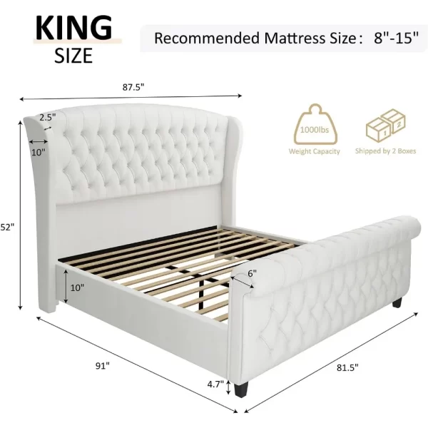 King Size Platform Bed Frame, Chenille Upholstered Sleigh Bed with Scroll Wingback Headboard & Footboard, Bed Frames - Image 14