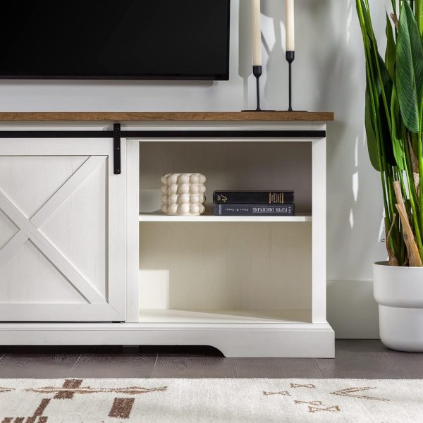 Corbin Modern Farmhouse Sliding X Barn Door Tv Stand For Tvs Up To 80 Inches, 70 Inch, Reclaimed Barnwood And Brushed White - Image 9