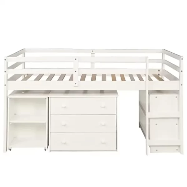 Twin Loft Bed Desk Storage Cabinet Rolling Desk Kids Teenagers Functional Aesthetic Bunk Bed White Durable Portable Guardrails - Image 4