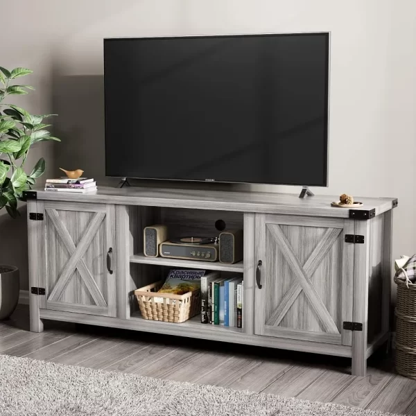 Farmhouse TV Stand with Two Barn Doors and Storage Cabinets for Televisions up to 65+ Inch, Entertainment Center Console Table - Image 5