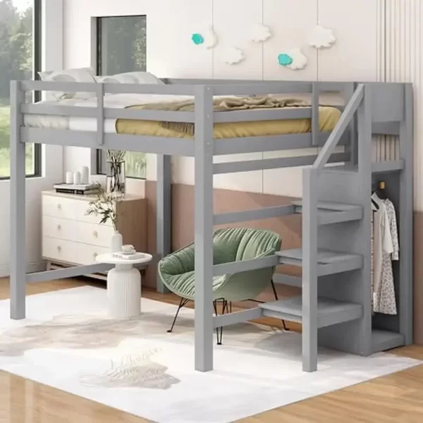 Full Size Loft Bed with Storage Wardrobe and Staircase High Load Capacity Wooden Loft Bed Frame Kids Girls Boys Bedroom Grey