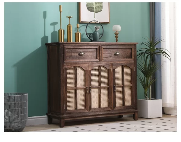 New Chinese-style solid wood dining side cabinet integrated against the wall, retro tea cabinet entry rattan storage cabinet, li - Image 25