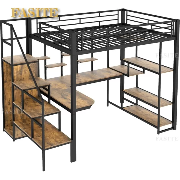 Full Size Loft Bed with Stairs and Desk, Metal Gaming Loft Bed with RGB LED Light, Heavy-duty Steel Loft Bed Frame with Storage - Image 11