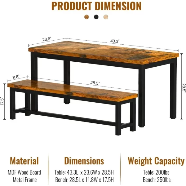 Restaurant dining table set, kitchen set with 2 benches 43.3x23.6x28.5 inches, bench 38.5x11.8x17.5 industrial brown - Image 11