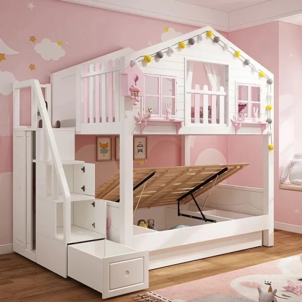 British Style Children's Double-decked Tree House Bed Modern High And Low Princess Solid Wood Castle Bed - Image 9