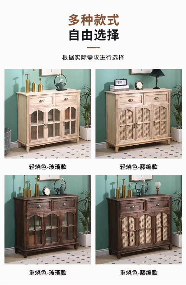 New Chinese-style solid wood dining side cabinet integrated against the wall, retro tea cabinet entry rattan storage cabinet, li - Image 15