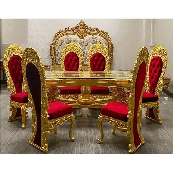 Luxury hand-carved 6-seat dining table set Antique gold carved dining room furniture Royal gold dining table set Home