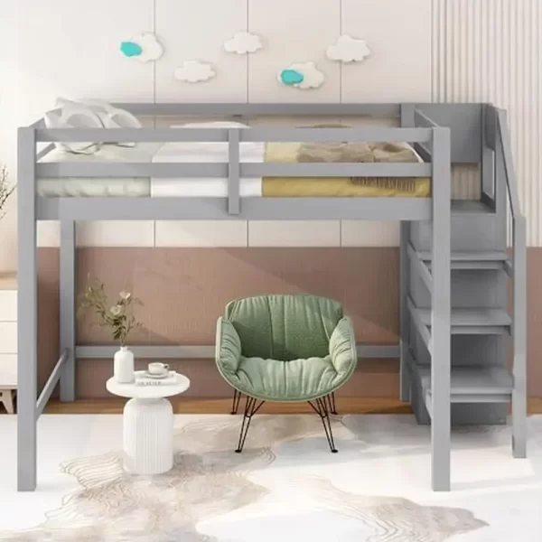 Full Size Loft Bed with Storage Wardrobe and Staircase High Load Capacity Wooden Loft Bed Frame Kids Girls Boys Bedroom Grey - Image 3