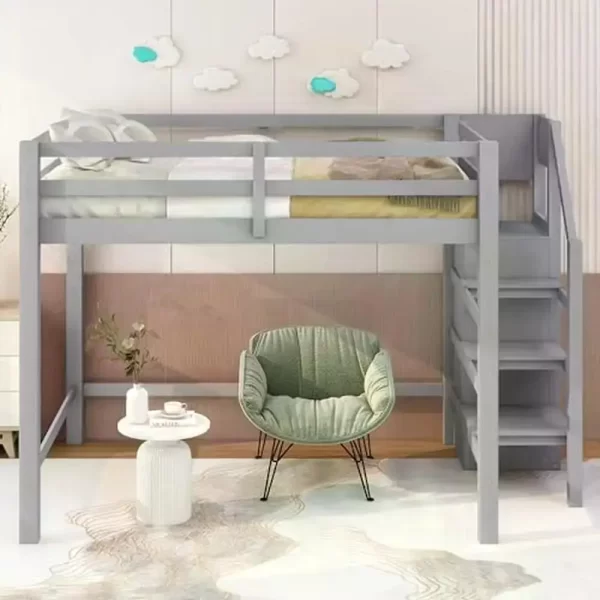 Full Size Loft Bed with Storage Wardrobe and Staircase High Load Capacity Wooden Loft Bed Frame Kids Girls Boys Bedroom Grey - Image 18