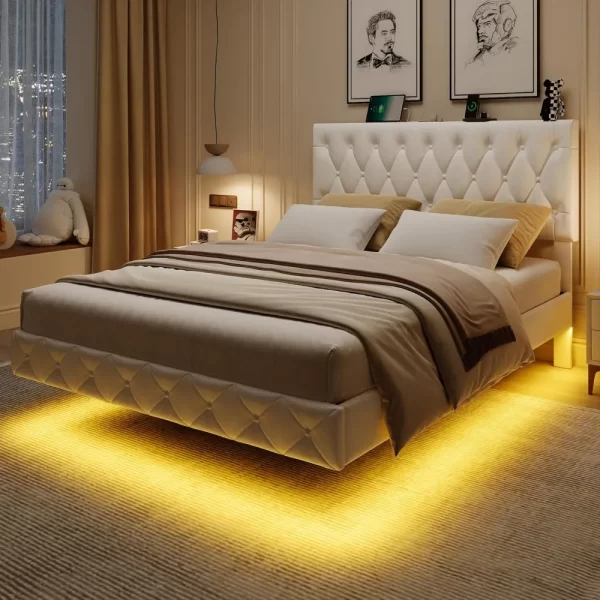 Lift Up Storage Bed Frame, with Adjustable Headboard/LED Lights/Charging Station/Outlet, Velvet Upholstered Tufted Platform Bed - Image 5