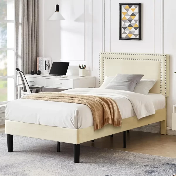 bed.Full Size Upholstered Platform Bed Frame with 4 Storage Drawers, Adjustable Velvet Rivets Headboard, Wooden Slats Support - Image 11