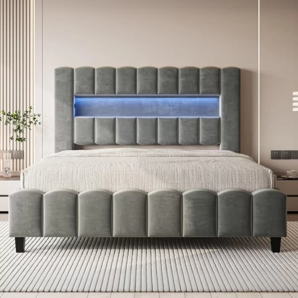 Bed Frame with LED Lights, Velvet Upholstered Platform Bed Frame with Charging Station and 51.2" Storage Headboard - Image 7
