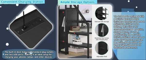 Gaming Loft Bed with L-Shaped Desk, LED and Charging Station, Metal Loft Bed with Wardrobe and Adjustable Shelf - Image 9