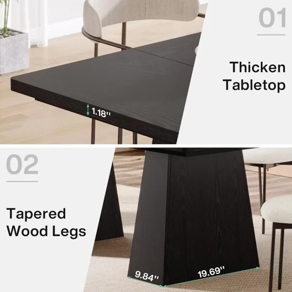 Inch Black Dining Table for 4-6, Modern Kitchen Table with Sturdy Tapered Wood Legs, Rectangular Dinner Table with Large Tableto - Image 4