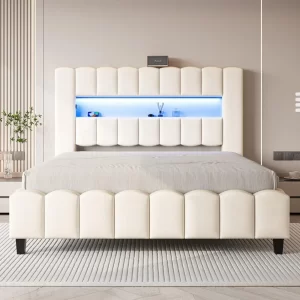 Bed Frame with LED Lights, Velvet Upholstered Platform Bed Frame with Charging Station and 51.2" Storage Headboard