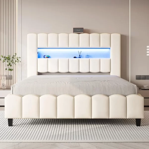 Bed Frame with LED Lights, Velvet Upholstered Platform Bed Frame with Charging Station and 51.2" Storage Headboard