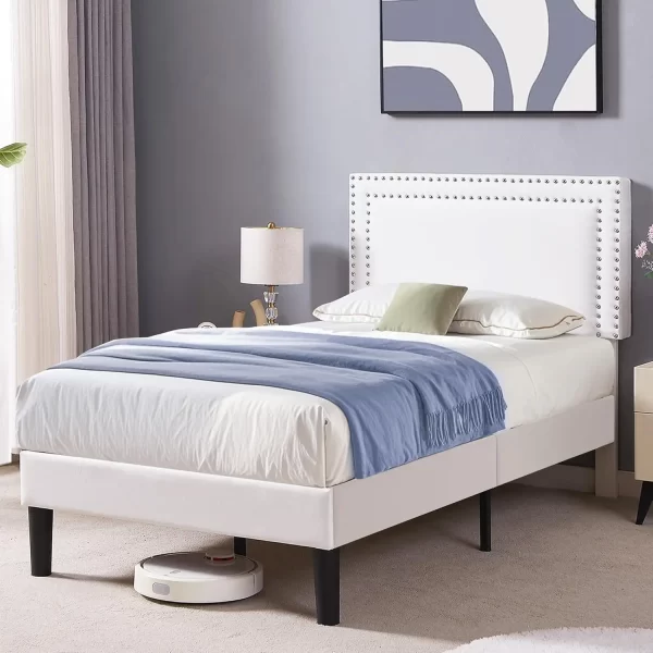 bed.Full Size Upholstered Platform Bed Frame with 4 Storage Drawers, Adjustable Velvet Rivets Headboard, Wooden Slats Support - Image 9