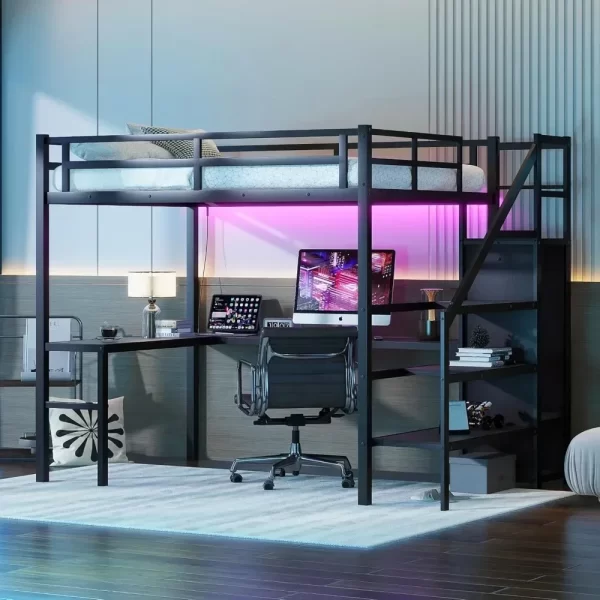 Full Size Loft Bed with Stairs and Desk, Metal Gaming Loft Bed with RGB LED Light, Heavy-duty Steel Loft Bed Frame with Storage - Image 3