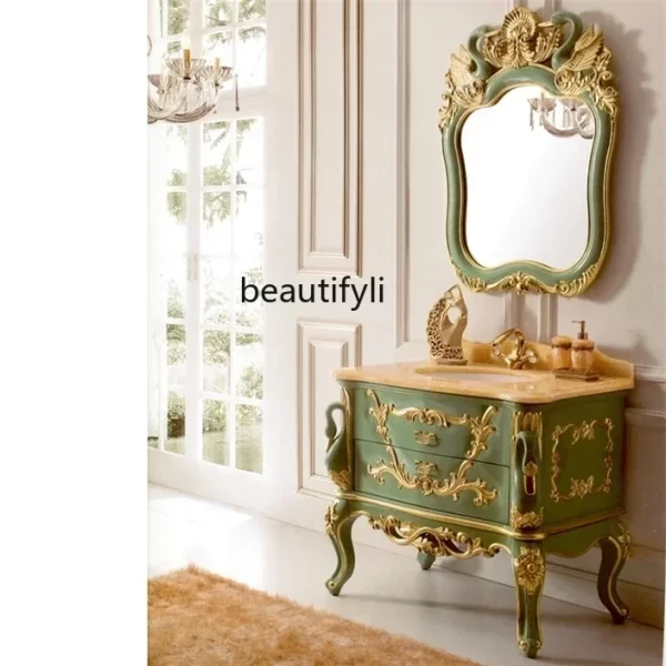 A European-Style Bathroom Cabinet Wash Basin Antique Marble Countertop Oak Carved Bathroom Table - Image 4