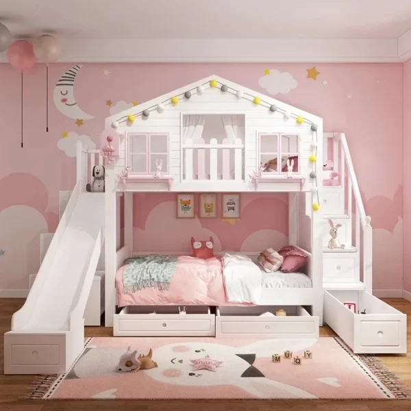 British Style Children's Double-decked Tree House Bed Modern High And Low Princess Solid Wood Castle Bed - Image 7