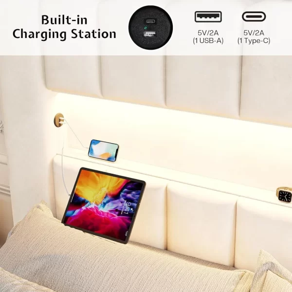 Bed Frame with LED Lights, Velvet Upholstered Platform Bed Frame with Charging Station and 51.2" Storage Headboard - Image 6