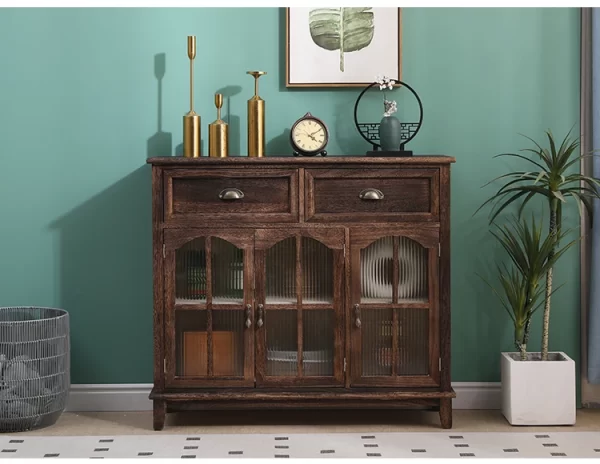 New Chinese-style solid wood dining side cabinet integrated against the wall, retro tea cabinet entry rattan storage cabinet, li - Image 18