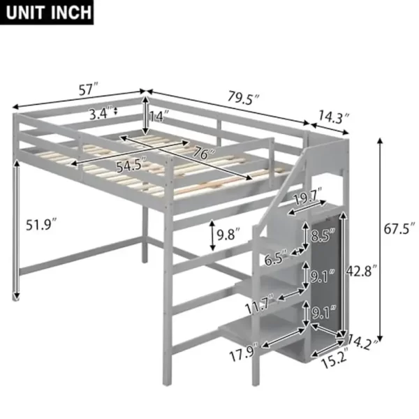 Full Size Loft Bed with Storage Wardrobe and Staircase High Load Capacity Wooden Loft Bed Frame Kids Girls Boys Bedroom Grey - Image 2