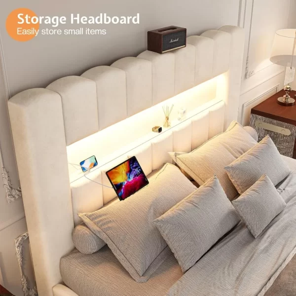 Bed Frame with LED Lights, Velvet Upholstered Platform Bed Frame with Charging Station and 51.2" Storage Headboard - Image 5