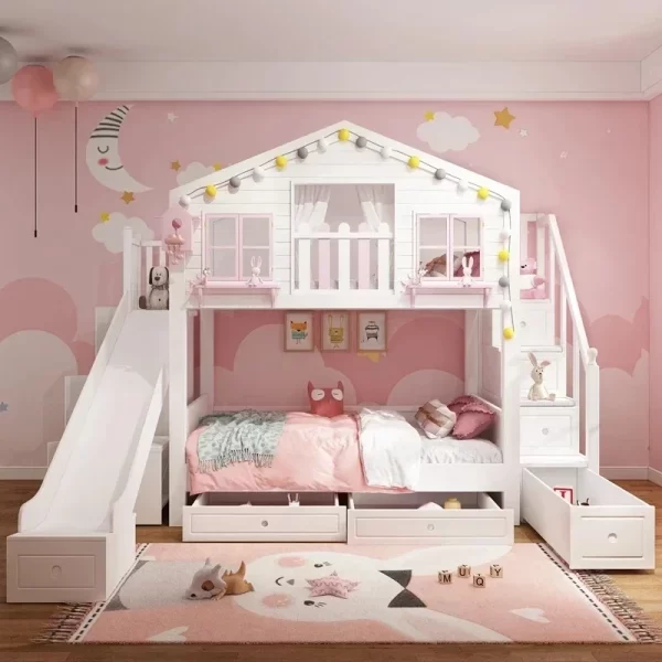 British Style Children's Double-decked Tree House Bed Modern High And Low Princess Solid Wood Castle Bed