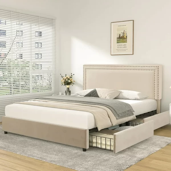 bed.Full Size Upholstered Platform Bed Frame with 4 Storage Drawers, Adjustable Velvet Rivets Headboard, Wooden Slats Support - Image 2