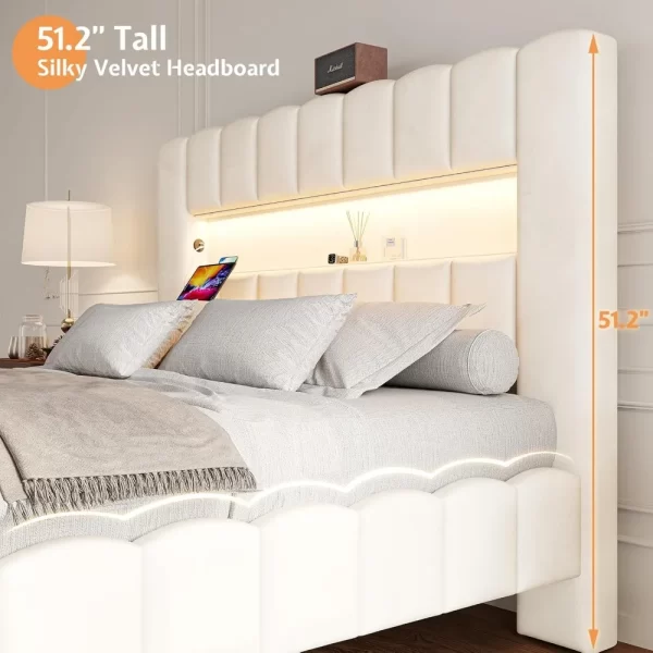 Bed Frame with LED Lights, Velvet Upholstered Platform Bed Frame with Charging Station and 51.2" Storage Headboard - Image 4