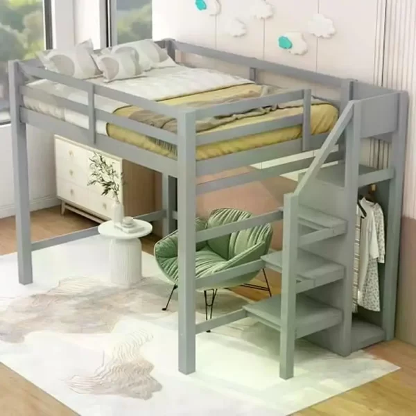 Full Size Loft Bed with Storage Wardrobe and Staircase High Load Capacity Wooden Loft Bed Frame Kids Girls Boys Bedroom Grey - Image 19