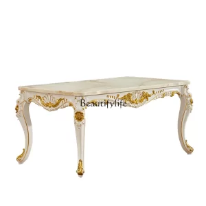 European dining table solid wood marble surface gold painted square dining table villa set