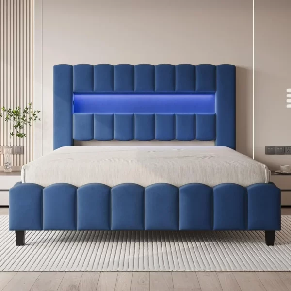 Bed Frame with LED Lights, Velvet Upholstered Platform Bed Frame with Charging Station and 51.2" Storage Headboard - Image 9