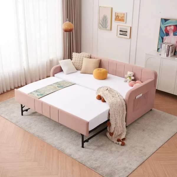 Twin Size Daybed with Trundle, Velvet Day Bed Frame with Side Pocket and USB Ports, No Box Spring Needed - Image 5