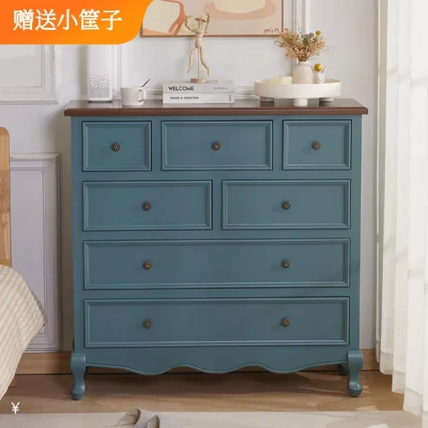 American retro cream chest of drawers French storage cabinet Master bedroom bed end nine chest of drawers Solid wood bedroom sto - Image 2