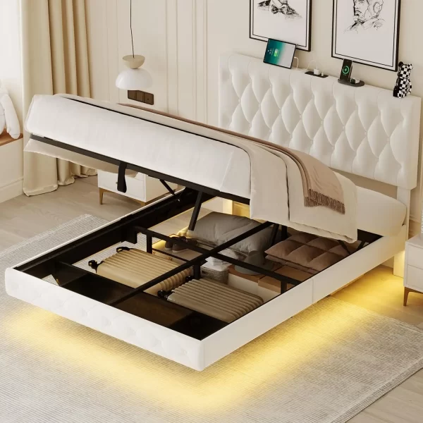 Lift Up Storage Bed Frame, with Adjustable Headboard/LED Lights/Charging Station/Outlet, Velvet Upholstered Tufted Platform Bed - Image 6