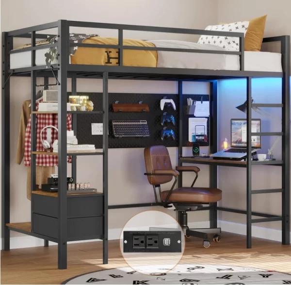 Loft Bed Twin Size with Desk and Charging Station Metal Loft Bed with Led Lights,Storage Shelves and Drawers Twin Size Bed - Image 8