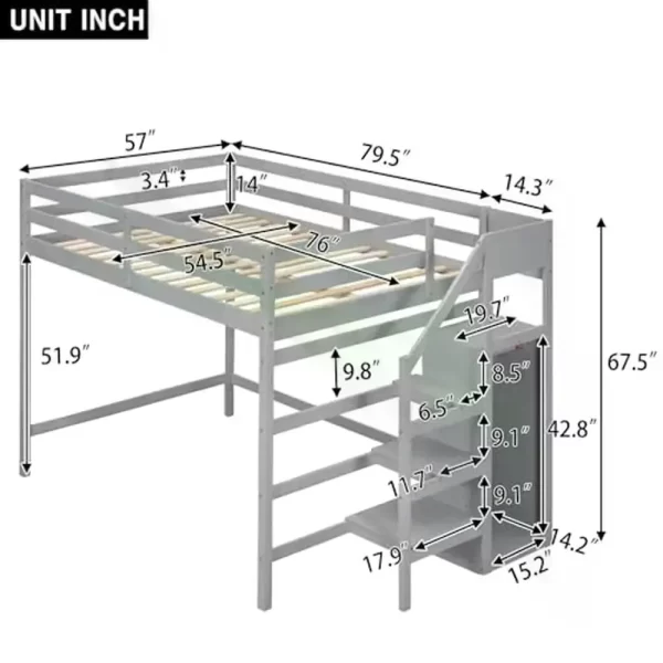 Full Size Loft Bed with Storage Wardrobe and Staircase High Load Capacity Wooden Loft Bed Frame Kids Girls Boys Bedroom Grey - Image 17