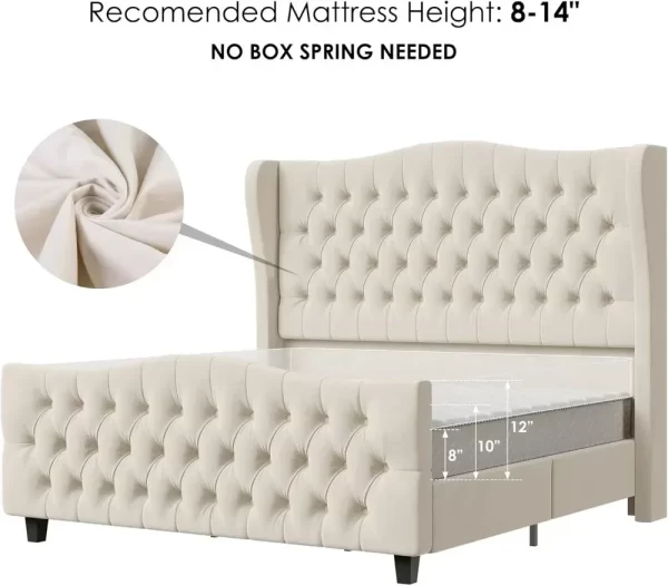Queen Size 54.3” Tall Platform Bed Frame with Deep Button Tufted Wingback Headboard and Footboard,  ZL - Image 6