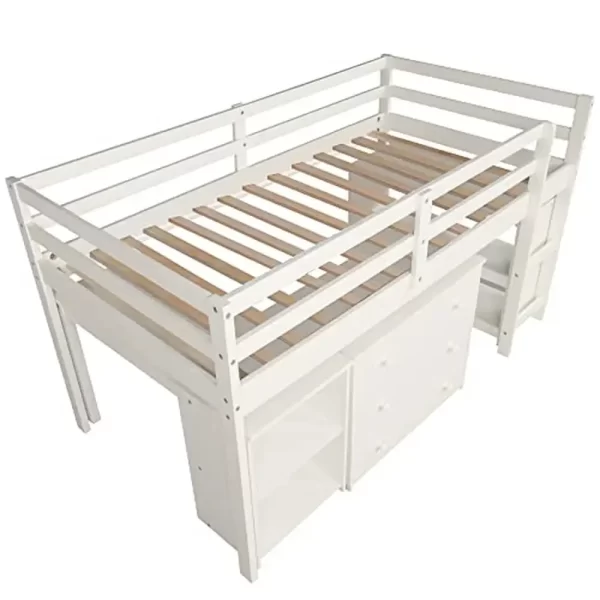 Twin Loft Bed Desk Storage Cabinet Rolling Desk Kids Teenagers Functional Aesthetic Bunk Bed White Durable Portable Guardrails - Image 6