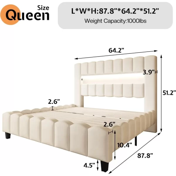 Bed Frame with LED Lights, Velvet Upholstered Platform Bed Frame with Charging Station and 51.2" Storage Headboard - Image 2