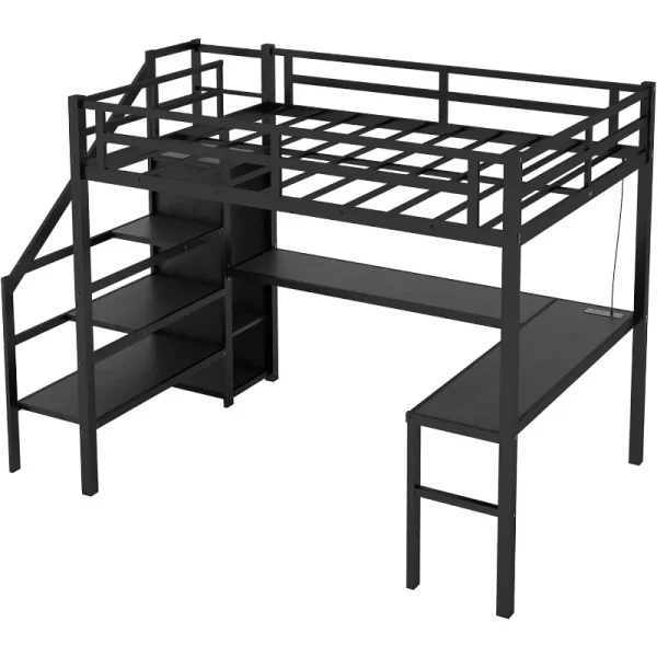 Gaming Loft Bed with L-Shaped Desk, LED and Charging Station, Metal Loft Bed with Wardrobe and Adjustable Shelf - Image 5