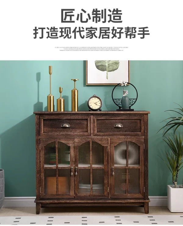 New Chinese-style solid wood dining side cabinet integrated against the wall, retro tea cabinet entry rattan storage cabinet, li - Image 14