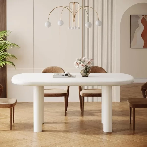 Oval Dining Table for 6 People, 63-Inch Modern Cream White Kitchen Table, Wood Dinner Table with Cylindrical Legs(Only Table) - Image 4